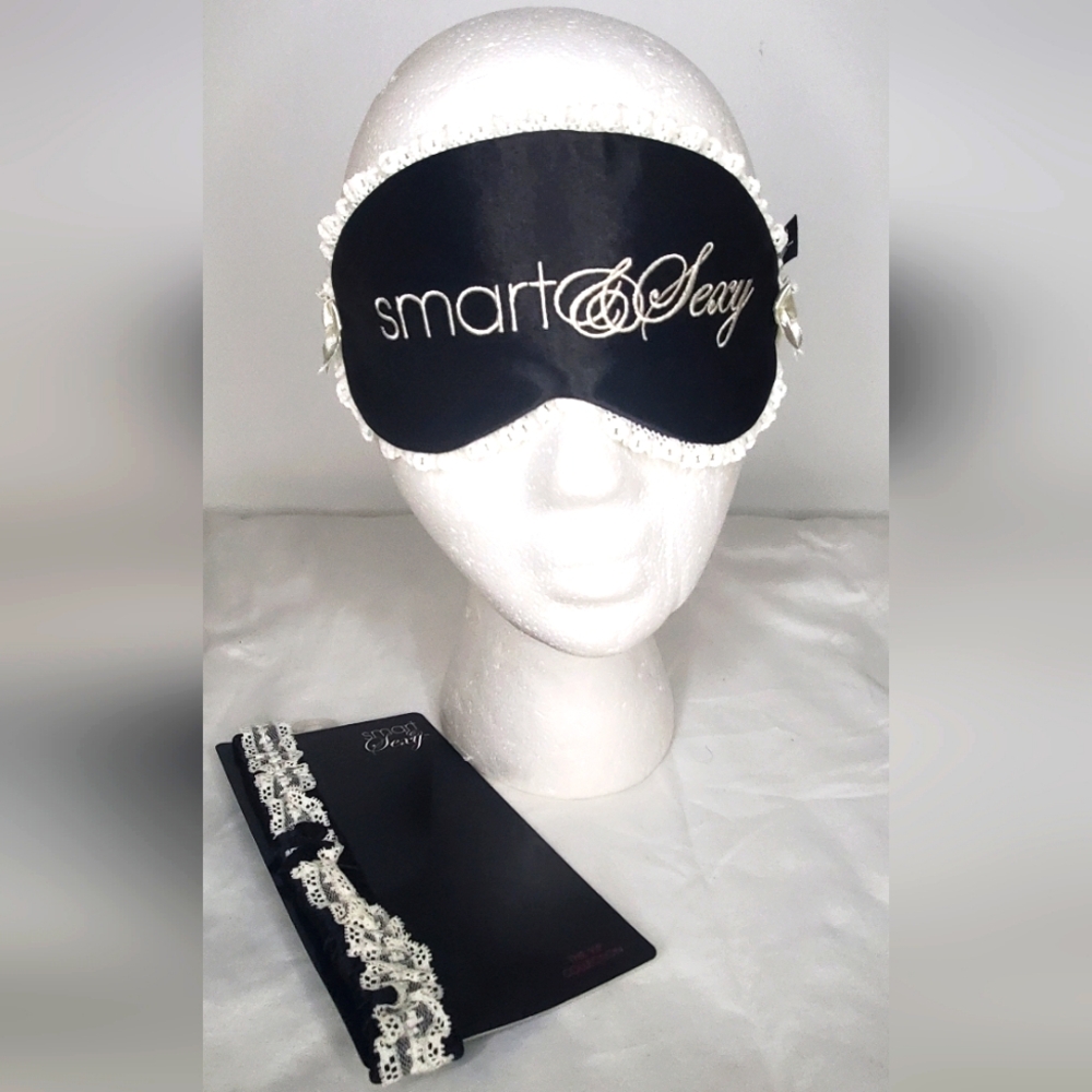 SMART&SEXY -Sleep mask silk and Lace garter in black and white -- "twofer"